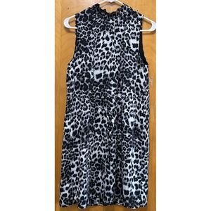 Gibson Womens‎ Black Jaguar Print Dress Smocked Ruffle Hi Neck Tie Waist Sz S